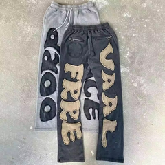 custom high quality heavyweight cotton flare sweatpants embroidered logo patchwork vintage acid wash sweatpants for men
