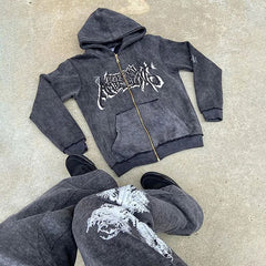 custom flared sweatpants and hoodie set unisex high quality tracksuit acid wash zip up hoodie and stacked jogger set men