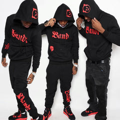 Custom logo sweatsuit embroidery slim fit oem cotton black hoodie and pants set men sportswear tracksuit mens jogging suit set