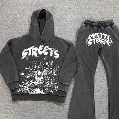 Custom High Quality Printing Tracksuit 100% Cotton French Terry acid wash Hoodie Sweatpants and Hoodie Jogger Set