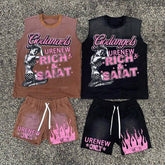 Custom Print Logo Summer OEM Print 100% Cotton Vintage Washed Oversized T-shirt And Sports Shorts Set Two piece set