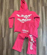 Raw Hem Hoodies And Flared Stacked Sweatpants Two Piece Tracksuit Set Custom Cotton 3D Puff Print Women Unisex Sweatsuit Men