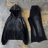 custom logo flared sweatpants and hoodie set unisex high quality tracksuit acid wash zip up hoodie and stacked jogger set men