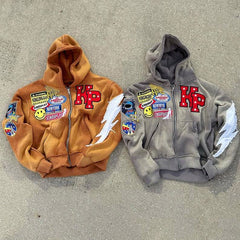 Custom Embroidered Patches Logo French Terry Sweatshirts Blank Vintage Acid Wash Distressed Zip Up Hoodies