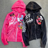 Heavy Weight 500gsm Custom Logo screen Printing Chenille Embroidered Hoodie Vintage Heavyweight Distressed Zip up Hoodie