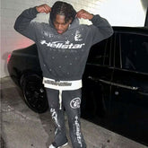 Custom tracksuit Logo Black Crop Top flared sweatsuit Acid Wash acid wash sweat suit sweatpants and hoodie sets