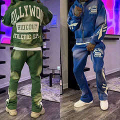 Acid Wash Sweat Suits Cotton Thick Zip Up Applique Embroidery Patch Flared Full Tracksuits Hoodies And Sweatpants Sets For Men