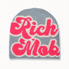 Low MOQ Custom Beanie Manufacturers All Over Print Jacquard Y2K Gothic No Cuff Fold Cuffless Winter Skull Cap Knit Hat with Logo