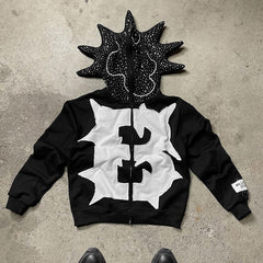 custom high quality 100% cotton 400 450 500 600 gsm french terry rhinestone y2k zip up devil horn hoodies manufacturers unisex