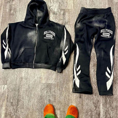 Acid Wash Sweat Suits Cotton Thick Zip Up Applique Embroidery Patch Flared Full Tracksuits Hoodies And Sweatpants Sets For Men