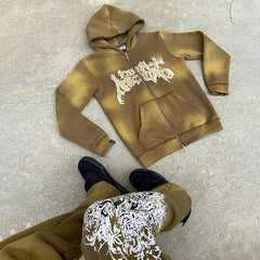 custom flared sweatpants and hoodie set unisex high quality tracksuit acid wash zip up hoodie and stacked jogger set men