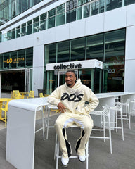 OEM Cotton Print Cut Raw Hem Edge Hoodie Patchwork Pant Men Tracksuit Heavyweight Stacked Flared Mens Two Pieces Jogger Sets