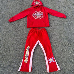 custom mens flared sweatpants and hoodie set unisex high quality tech fleece tracksuit cropped hoodie and stacked jogger set men