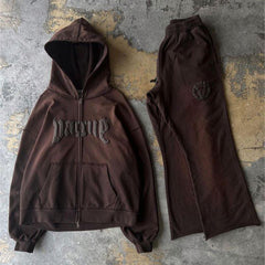 custom logo flared sweatpants and hoodie set unisex high quality tracksuit acid wash zip up hoodie and stacked jogger set men