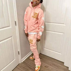 Oem Manufacturer Print Cut Hem Top Sweat pant Men Jogger Sets Outfits Cut Raw Hem Top Flare Stacked Two Piece Men Tracksuits Set