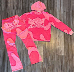 Custom Vintage Heavy Cotton Puff Printing Flared Raw Hem Hoodie Jogger Set Cropped Hoodie And Flare Pants