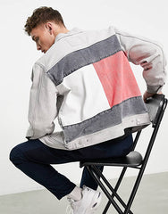 manufacturer oem back flag oversized denim jacket in black acid wash