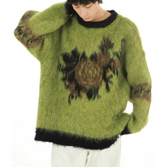 Custom LOGO OEM & ODM Mohair Sweater Men Jacquard Knitwear Crew Neck Knitted Winter Fuzzy Knit Sweater For Men