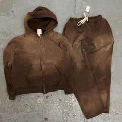 Custom sun faded acid washed full zip up Oversized fit joggers set tracksuit set Wide Hoodie set