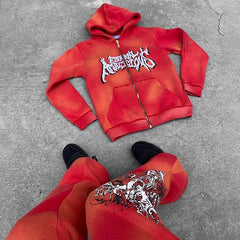 custom flared sweatpants and hoodie set unisex high quality tracksuit acid wash zip up hoodie and stacked jogger set men