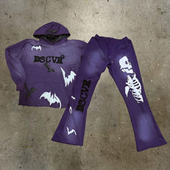 Custom Unisex Streetwear Y2K No Hem Crop Hoodie Puff Printing Flared Sweatpants And Hoodie Sets Manufacturer