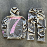 2PCS Tracksuits Acid Wash Sweat Suits Embroidery Applique Patch Jogger Men Flared Sweatpants And Hoodie Set