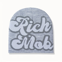 Low MOQ Custom Beanie Manufacturers All Over Print Jacquard Y2K Gothic No Cuff Fold Cuffless Winter Skull Cap Knit Hat with Logo