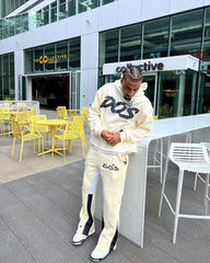 OEM Cotton Print Cut Raw Hem Edge Hoodie Patchwork Pant Men Tracksuit Heavyweight Stacked Flared Mens Two Pieces Jogger Sets