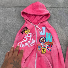 Heavy Weight 500gsm Custom Logo screen Printing Chenille Embroidered Hoodie Vintage Heavyweight Distressed Zip up Hoodie