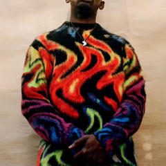 2022 Custom LOGO OEM & ODM Mohair Sweater Men Jacquard Knitwear Long Sleeve Knitted Winter Fuzzy Knit Crewneck Sweater For Men