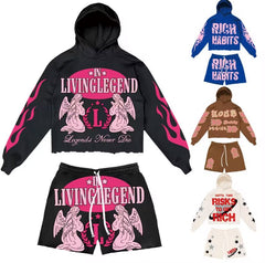 New Arrivals Custom Men Hoodie Set Street Cotton 2 Piece Set Jogger Suits Short Mens Two Piece Set