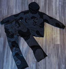 Custom Vintage Heavy Cotton Puff Printing Flared Raw Hem Hoodie Jogger Set Cropped Hoodie And Flare Pants