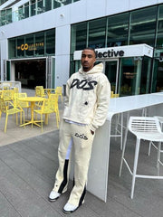 OEM Cotton Print Cut Raw Hem Edge Hoodie Patchwork Pant Men Tracksuit Heavyweight Stacked Flared Mens Two Pieces Jogger Sets