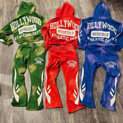 Acid Wash Sweat Suits Cotton Thick Zip Up Applique Embroidery Patch Flared Full Tracksuits Hoodies And Sweatpants Sets For Men