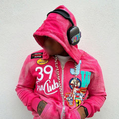 Heavy Weight 500gsm Custom Logo screen Printing Chenille Embroidered Hoodie Vintage Heavyweight Distressed Zip up Hoodie