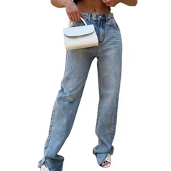 In Stock Custom Washed Denim High Waist Women Fashion Split Hem Jeans