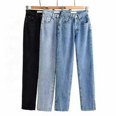 In Stock Custom Washed Denim High Waist Women Fashion Split Hem Jeans