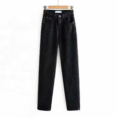In Stock Custom Washed Denim High Waist Women Fashion Split Hem Jeans