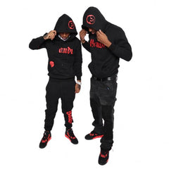 Custom logo sweatsuit embroidery slim fit oem cotton black hoodie and pants set men sportswear tracksuit mens jogging suit set