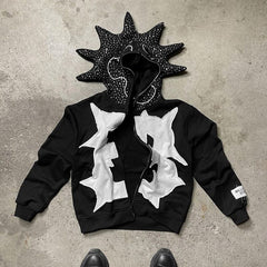 custom high quality 100% cotton 400 450 500 600 gsm french terry rhinestone y2k zip up devil horn hoodies manufacturers unisex