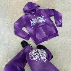 custom flared sweatpants and hoodie set unisex high quality tracksuit acid wash zip up hoodie and stacked jogger set men