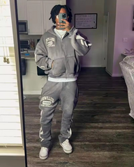 Custom heavyweight fleece vintage sun faded embroidery patch men hoodies set