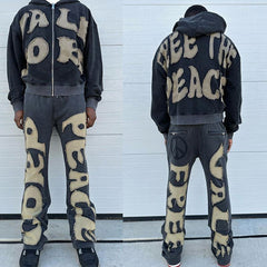 Pullover Sweatshirt Cotton French Terry Embroidery Patch Cropped Unisex Acid Wash Vintage Unisex Distressed Applique Hoodies Men