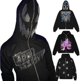 Rhine Stone Y2k Clothing Custom 100% Cotton Logo Full Zip Up Face Heavyweight String Skull Rhinestone Men's Hoodies Sweatshirts