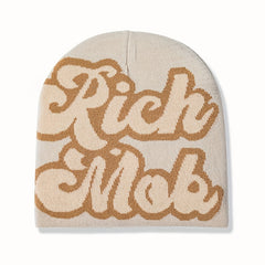 Low MOQ Custom Beanie Manufacturers All Over Print Jacquard Y2K Gothic No Cuff Fold Cuffless Winter Skull Cap Knit Hat with Logo