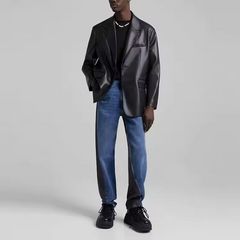 Wholesale leather blazer in black 100% polyester faux pilot leather jacket for men