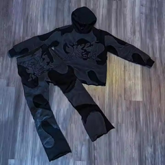 Men Patchwork Heavy Weight Patch Jogger Distressed Acid Wash Applique Embroidery Flared Sweatpants And Hoodie Sets Puff Print