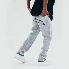 High Quality USA Fashion Streetstyle Skinny Denim Distress Destroy Vintage Wash Ripped Custom Screen Printed Men's Pants Jeans