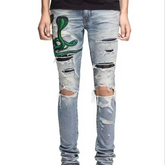 mens jeans high quality custom logo Distressed Stacks embroidered Snake Whiskers Denim Jean For Men