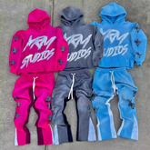 Custom heavyweight cropped puff print tracksuit Rhinestone Hoodie Flared Sweats Sets